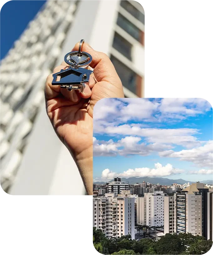 Chaves de imóvel e edifícios residenciais.